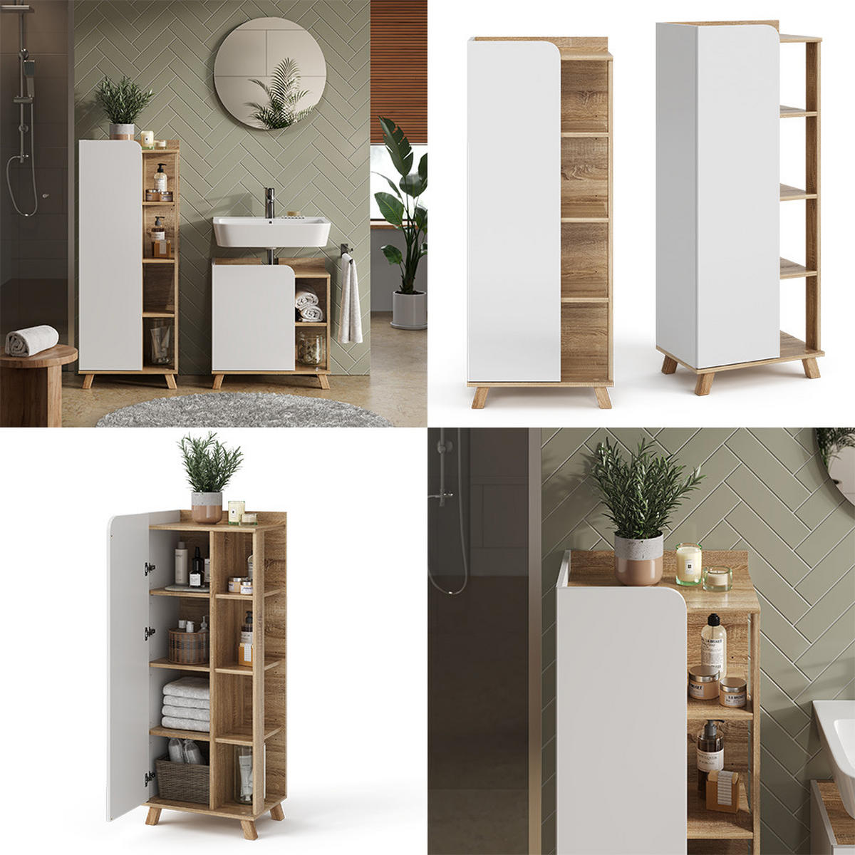 MIDISCHRANK Karen Sonoma/Weiß 50 x 128 cm mit Tür und offenen Fächern - Weiß/Sonoma Eiche, Holzwerkstoff (50/128/35cm) - Vicco