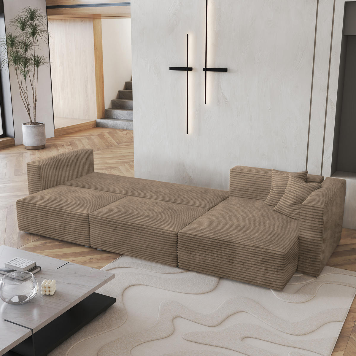 ECKSOFA TOLMO Beige Kordstoff mit Schlaffunktion - Beige, Holz (347/148cm) - MASSENO