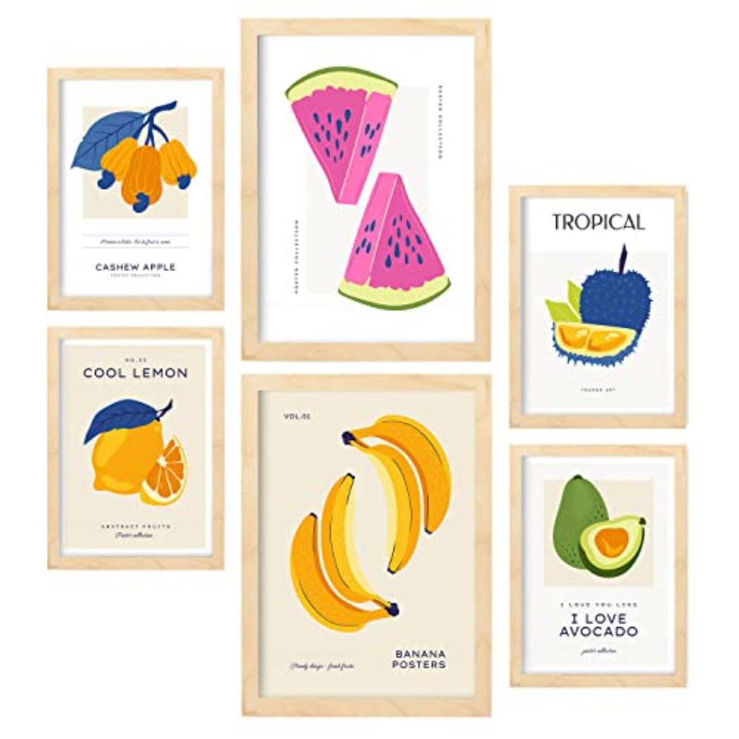 POSTER Set Mit 6 Lebensmittel Und Ernährungs Bunte Früchte Natur Und Ernährungs Für Innenarchitektur A3 & A4 Rahmen Aus Hellem Holz - Beige, Papier (29/3cm) - Nacnic