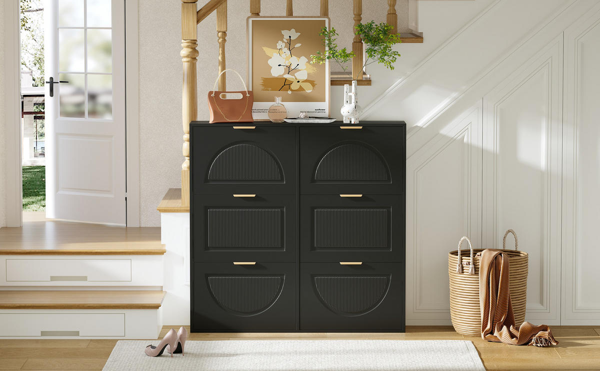 SCHUHSCHRANK Schwarz 118/25/115 cm mit 6 Klappen und offenen Fächern - Schwarz, Holzwerkstoff (118/115/25cm) - PANGIVO