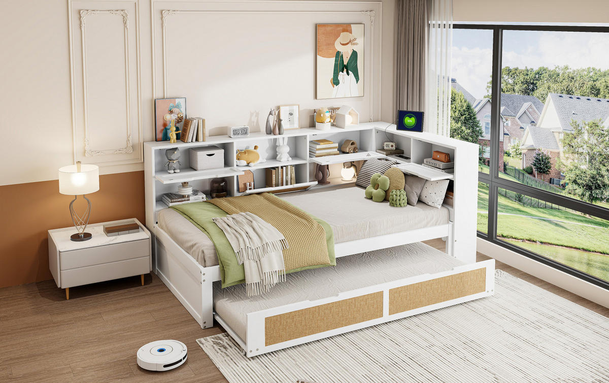 BETT 90/200 cm Weiß aus Massivholz mit Bett und Ladeanschluss - Weiß, Holz (90/200cm) - OKMYHOME