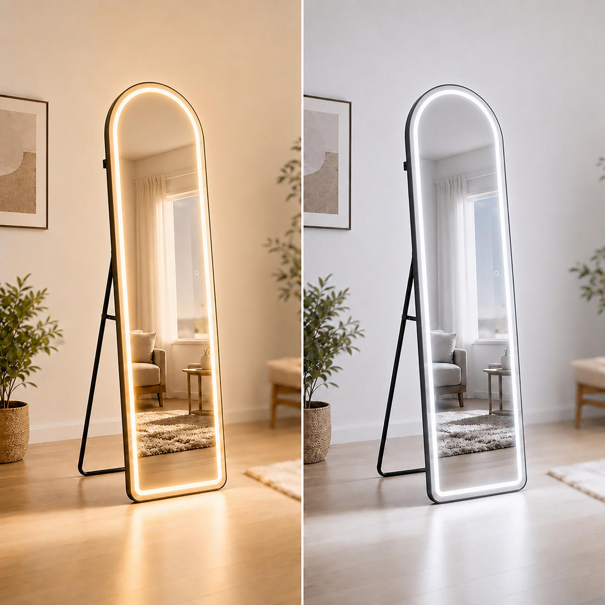 OGLEDALO Crno lučno LED rasvjeta 160x50 cm - crna, staklo/drvni materijal (50/160/4.5cm) - Relaxdays