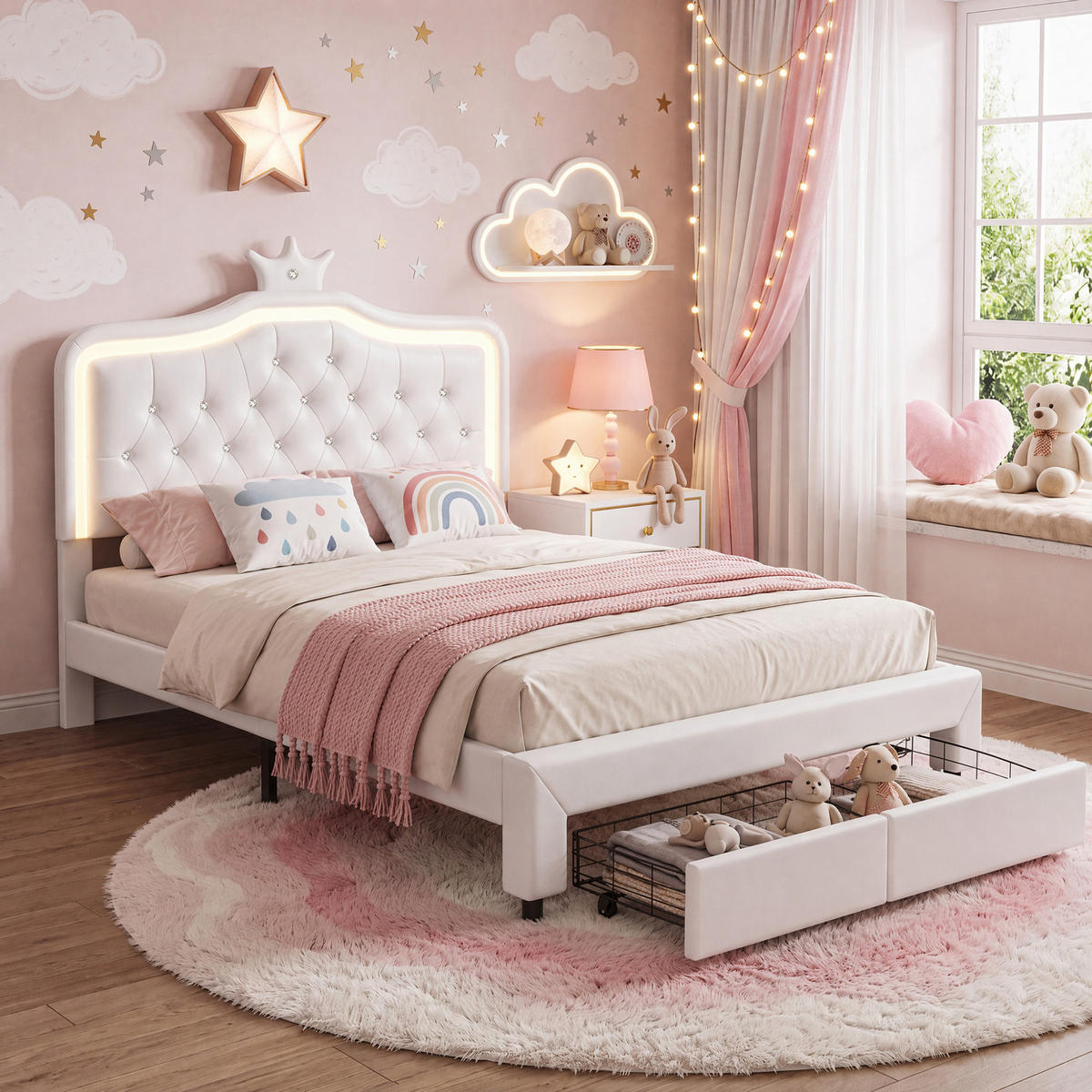 POLSTERBETT 140/200 cm mit LED und Schublade,Kinderbett Kunstleder, Weiß - Weiß, Holz/Metall (140/200cm) - PARAFTA HOME