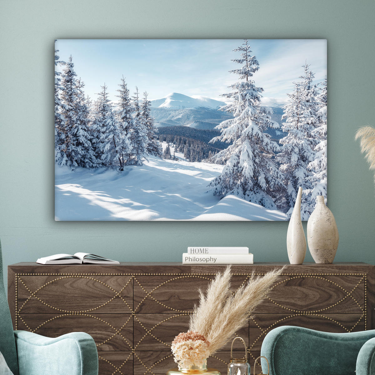 LEINWANDBILD Winterlandschaft - Natur - Berge - Bäume - Schnee Wohnzimmer Groß 120x80 cm - Hellblau, Textil (120/80cm) - MuchoWow
