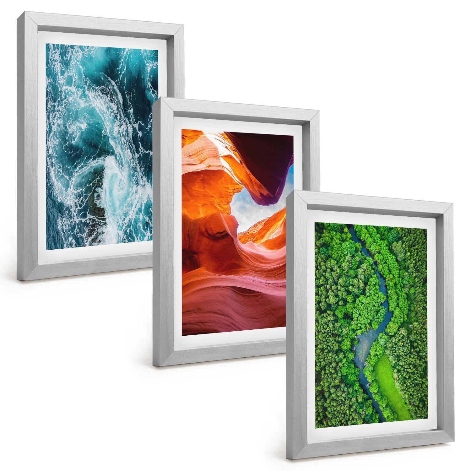 BILDER SET 3er Set - 20x30 cm Silberner Rahmen - Wasserbewegung Canyon grüner Wald - Silberfarben, Kunststoff (20/30cm) - TULUP