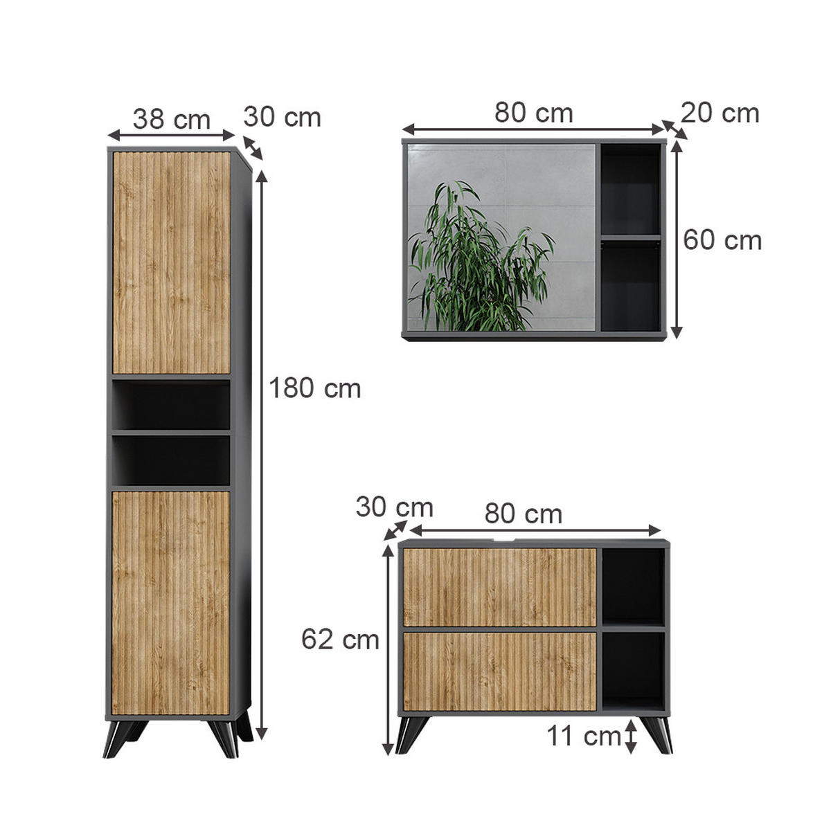 BADMÖBEL-SET Leano Anthrazit/Bergeiche 80 cm, Set 3 - Eichefarben/Anthrazit, Holzwerkstoff (80/62/30cm) - Vicco
