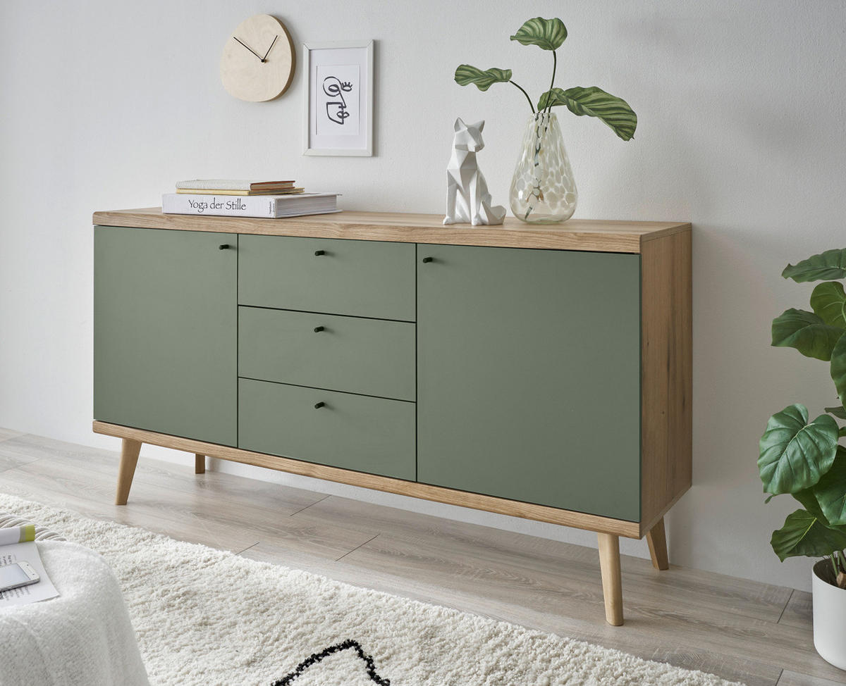SIDEBOARD Salbei grün, Eiche Evoke, skandinavisch 160 cm, Kommode mit Vollauszug - Salbeigrün/Eichefarben, Holz/Holzwerkstoff (160/83/40cm) - Furn.Design