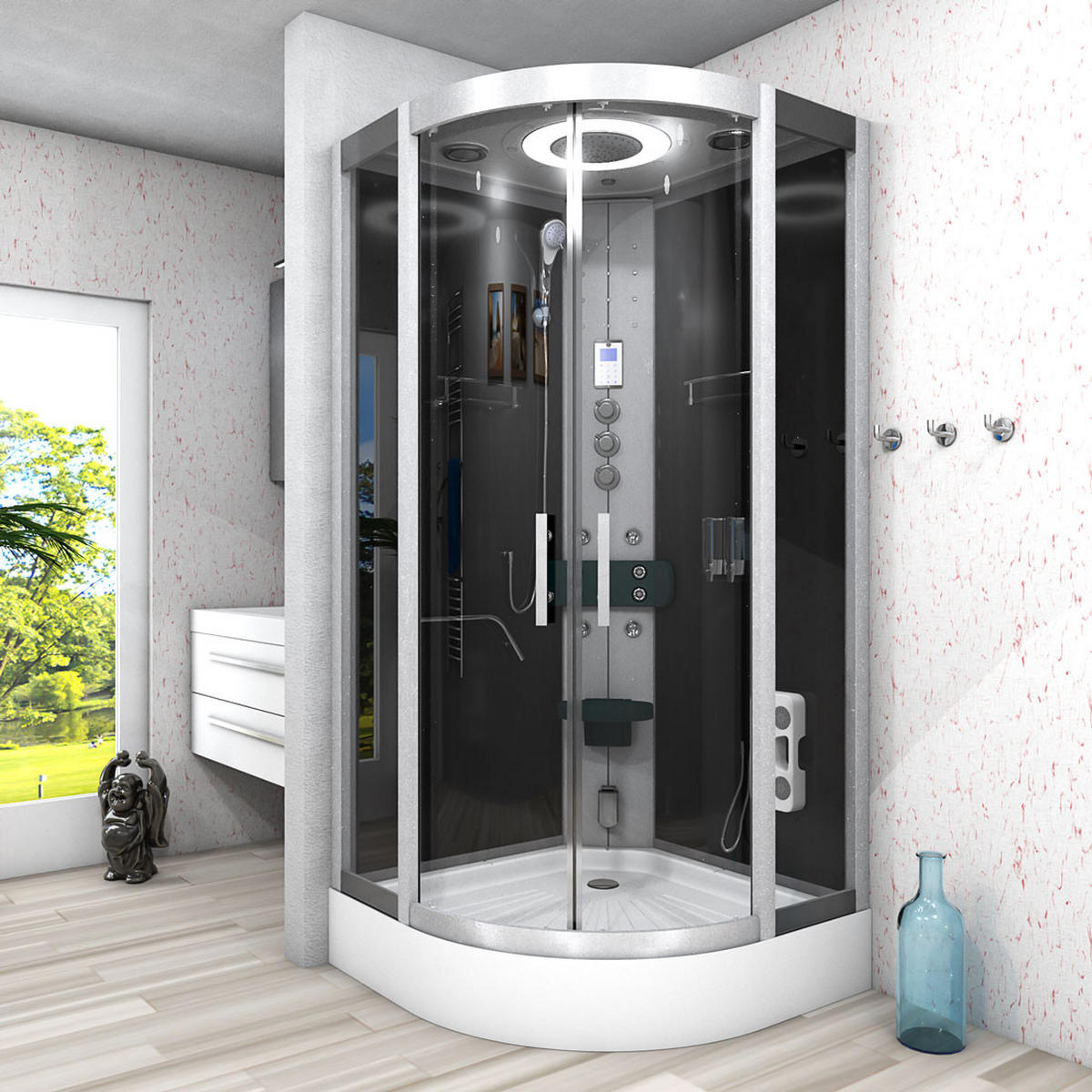 DAMPFDUSCHE Duschkabine D58-13T3-EC sw 90x90 - Schwarz, Glas/Kunststoff (90/90/215cm) - AcquaVapore by Sandra Jentho