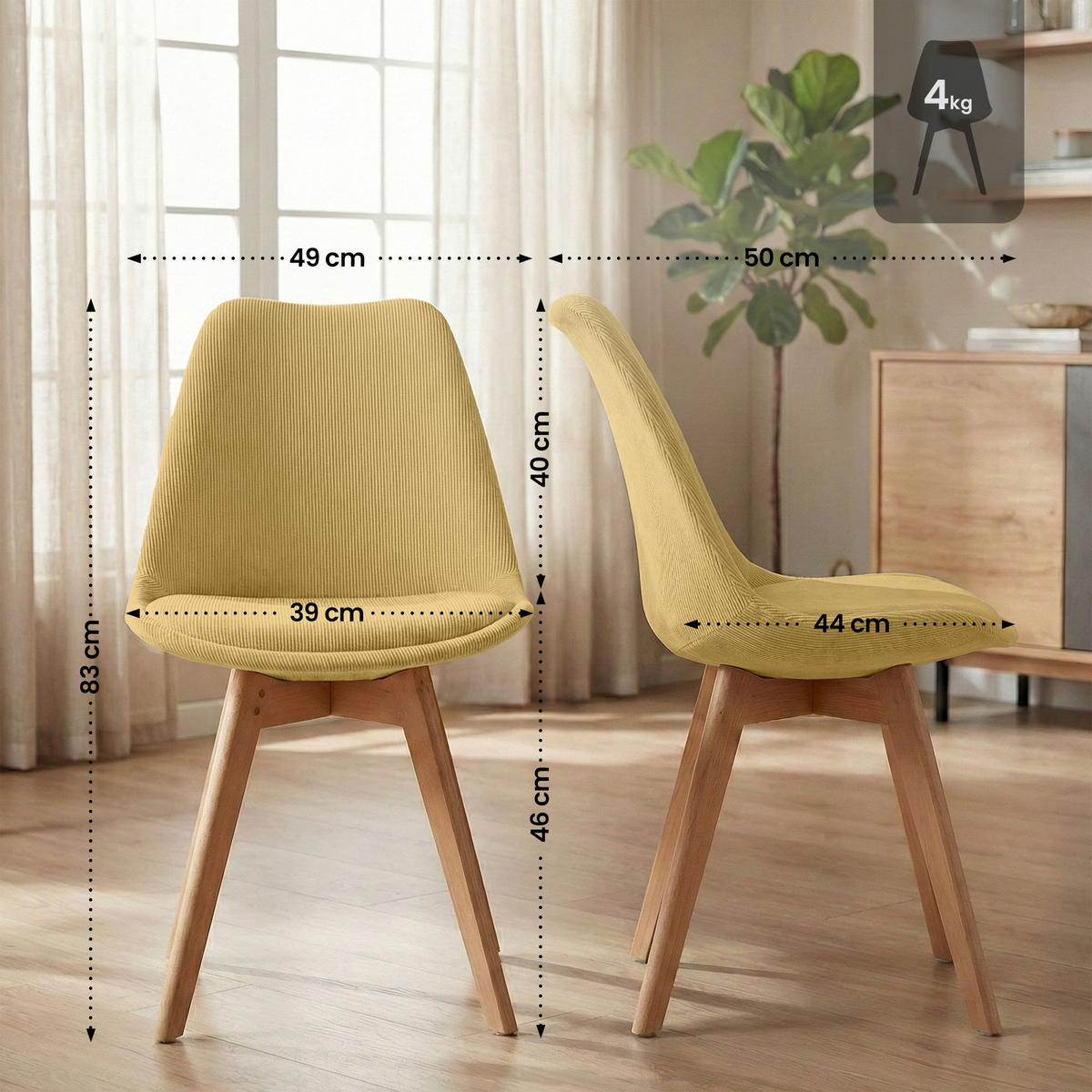 STUHL Cord Gelb - Eukalyptusholzfarben/Gelb, Holz/Textil (49/83/50cm) - CLP