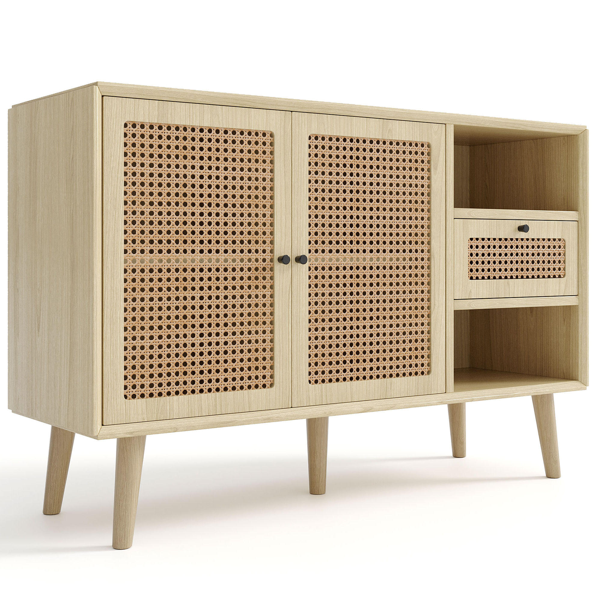 SIDEBOARD 120/40/80 cm, Eiche-Optik mit Rattan-Details, 1 Schublade und 2 magnetische Türen, verstellbare Einlegeböden, Eiche - Eichefarben, Holzwerkstoff (120/80/40cm) - Redom