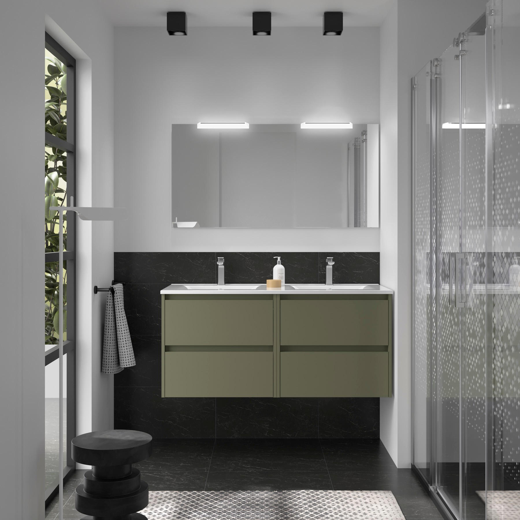 BADMEUBELSAMENSTELLING NOJA 1200 4 lades GREEN SATIN + Wasbak + Spiegel - Schwarz, Metall (45/54/120cm) - Salgar