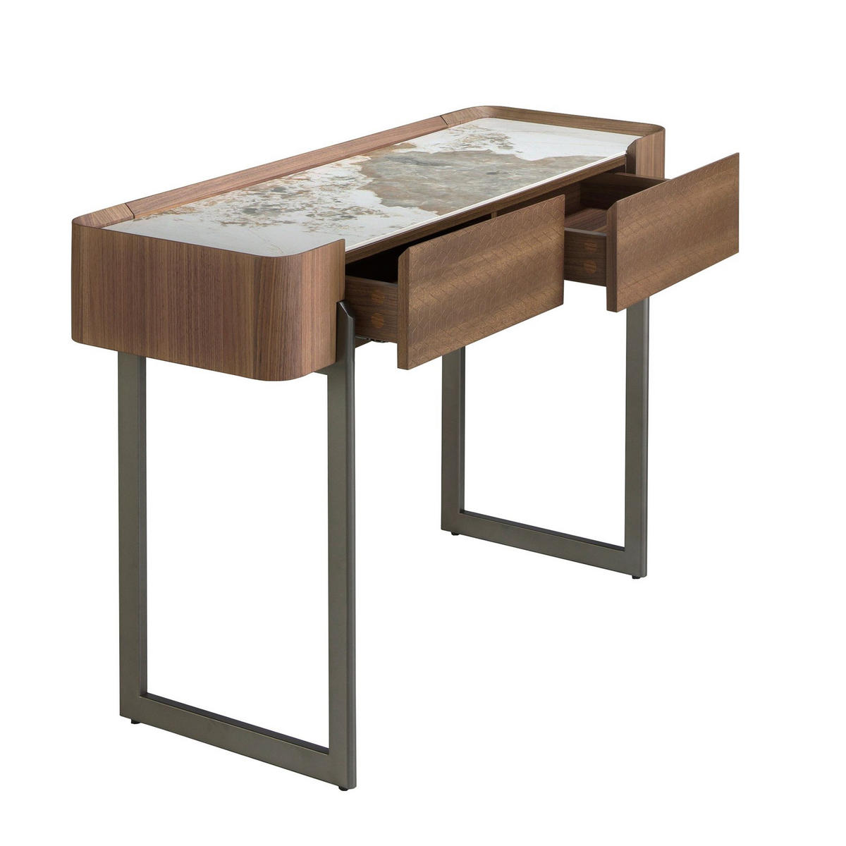 KONSOLENTISCH Rechteckiger Konsolentisch aus Porzellanmarmor, Nussbaum und dunklem Metallic-Stahl 120/40/76 cm - Walnussfarben/Weiß, Holz (120/76/40cm) - ANGEL CERDA