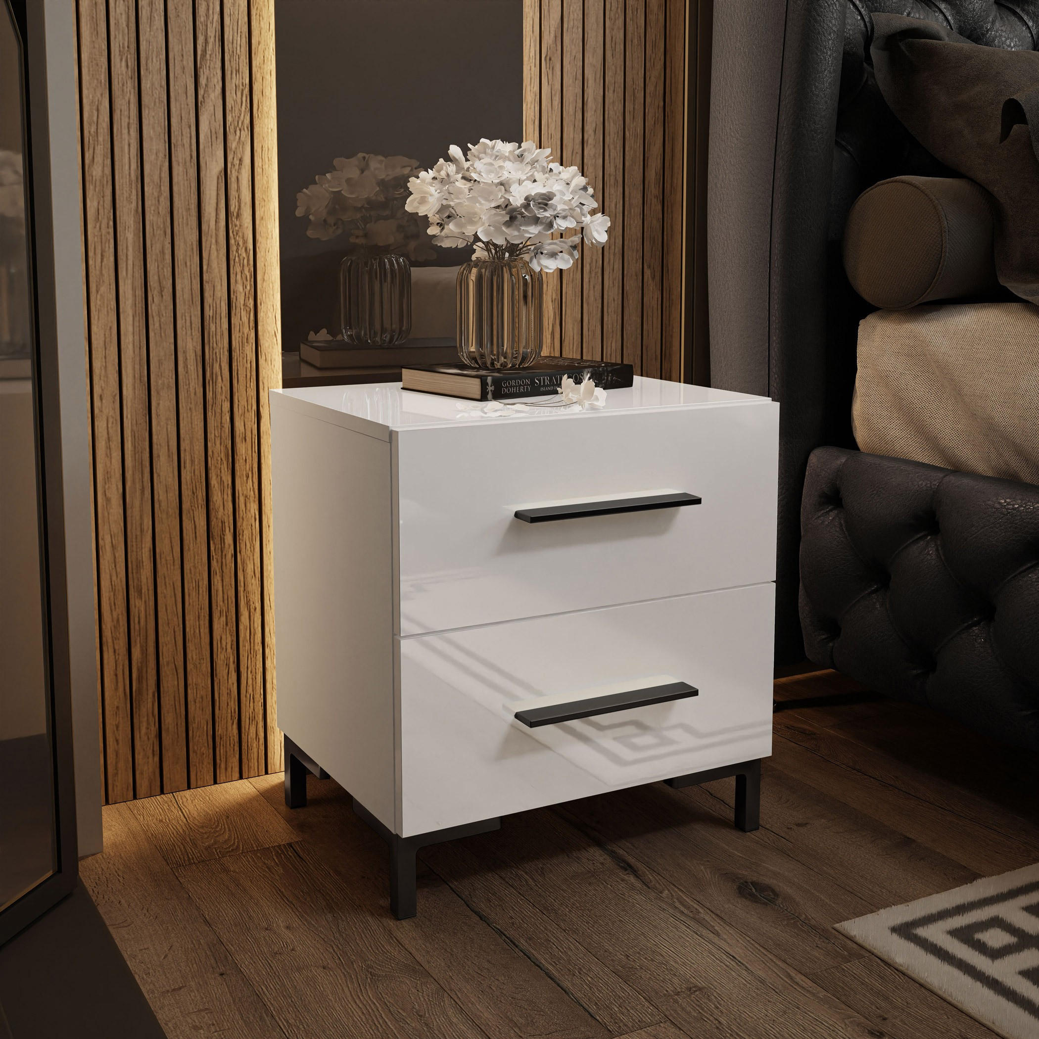 NACHTTISCH LINA LUX mit Griffen und Beinen, Hochglanzplatte – Beinfarbe: Schwarz - Weiß, Holzwerkstoff (45/50/38.5cm) - Lookway