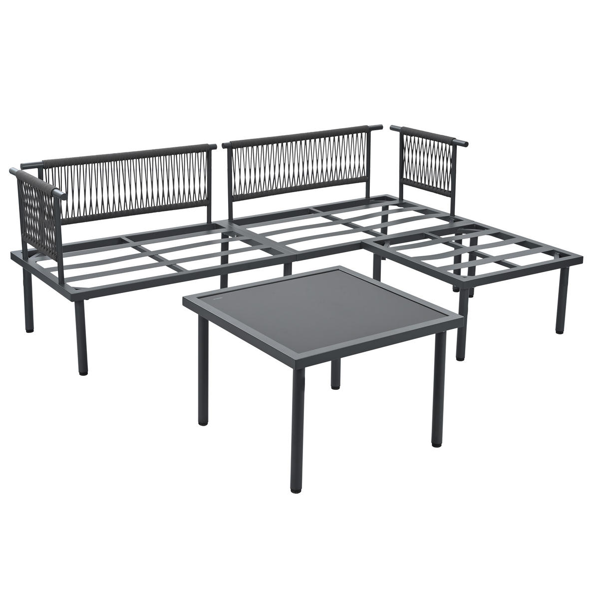 LOUNGESET Grau+Schwarz Eck Mit Sofa Couchtisch Hocker - Schwarz, Kunststoff - FLIEKS