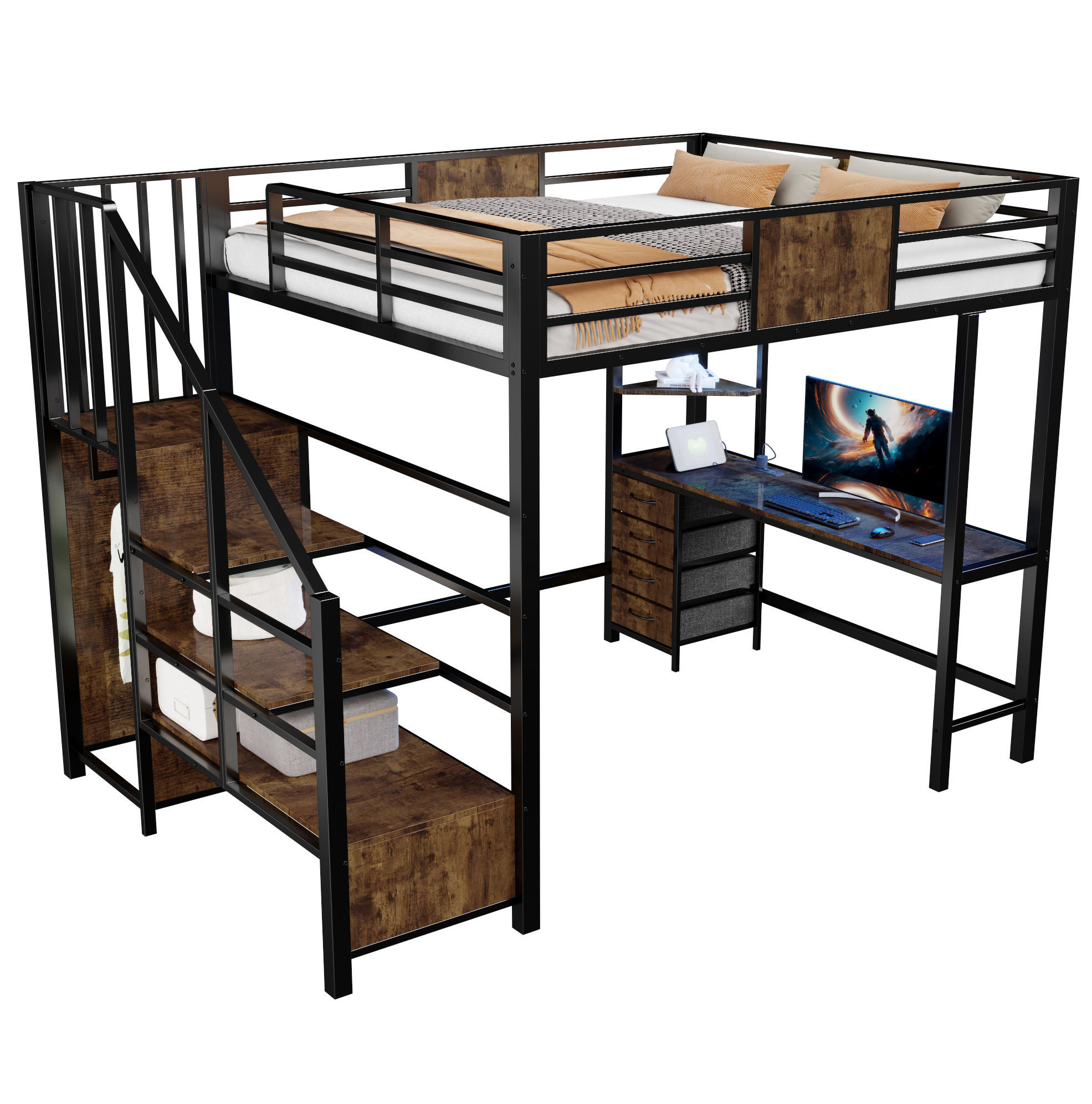 HOCHBETT 140/200 cm aus Metall mit Schreibtisch, LED, Schwarz - Schwarz, Metall (140/200cm) - OKMYHOME