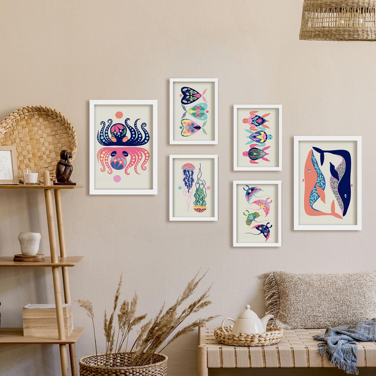 POSTER Set Mit 6 Kreaturen Frames 2 In Tiere Abstracts Ästhetische Dekorative Gemälde Für Ihr Wohnzimmer, Schlafzimmer, Zuhause A3 & A4 Weißer Rahmen - Weiß, Papier (29/3cm) - Nacnic