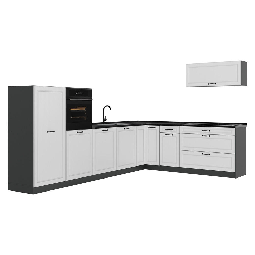 ROHOVÁ KUCHYŇA R-Line, Biely vidiecky dom/antracitová, 327 x cm antrasiitti työtaso - biela/antracitová, kompozitné drevo (327/143/60cm) - Vicco