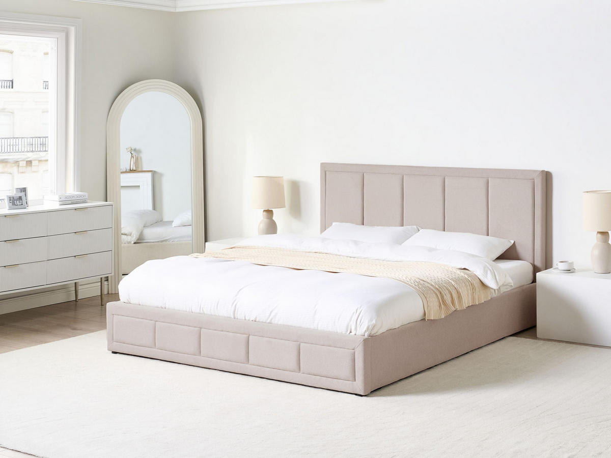 BETT mit Stauraum 180/200 cm Stoff Beige Quiberon - Beige, Textil (180/200cm) - Beliani