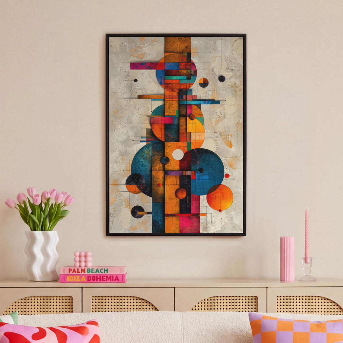 LEINWAND Bilder mit Rahmen - Vintage - Moderne Kunst - Orange - Geometrische Formen - 60x90 - Multicolor, Textil (60/90cm) - MuchoWow