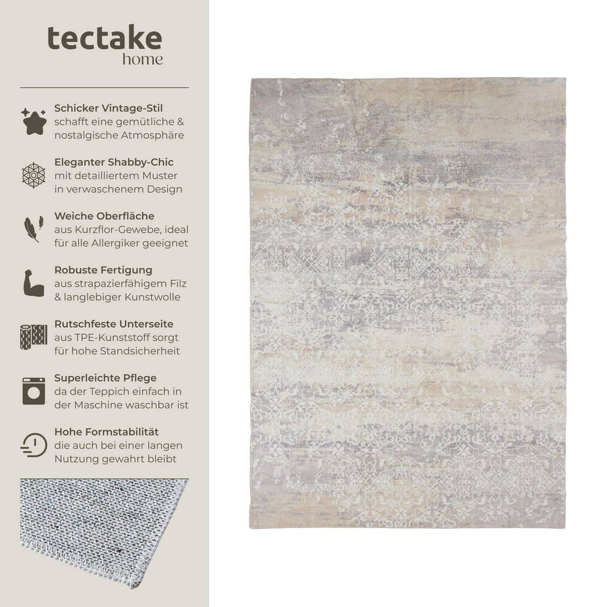 TEPPICH Vintage Design Dalia,rutschfeste Unterfläche,beige - Beige, Textil (240/340cm) - tectake