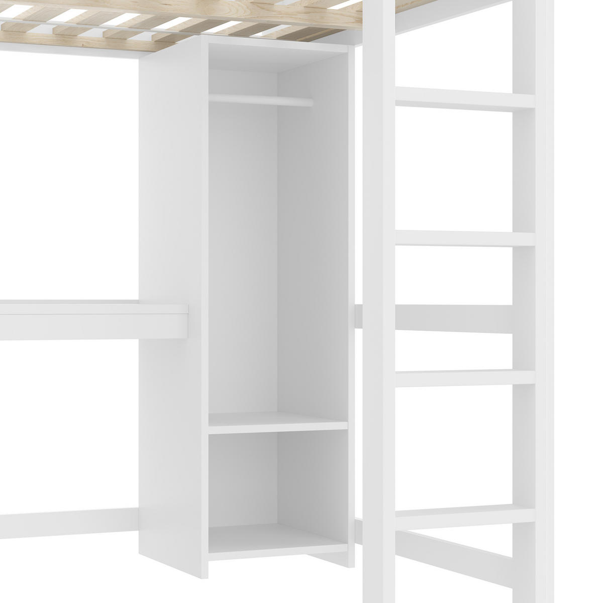 HOCHBETT 140/200 cm aus Kiefernholz und MDF mit Schreibtisch, Regalen und Kleiderschrank Weiß - Weiß, Holz (140/200cm) - Modenvie