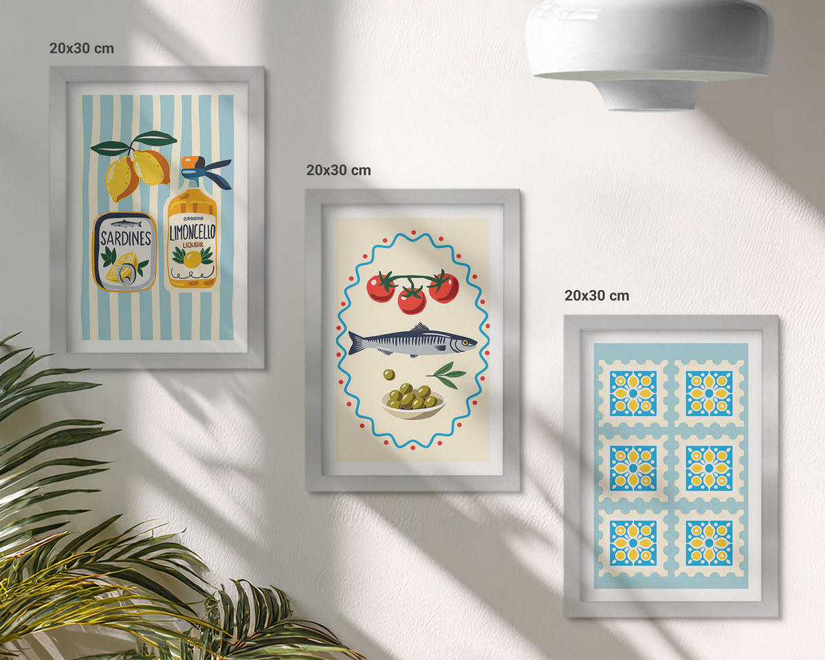 BILDER SET 3er Set - 20x30 cm Silberner Rahmen - Illustrationen von Küchen im mediterranen Stil - Silberfarben, Kunststoff (20/30cm) - TULUP