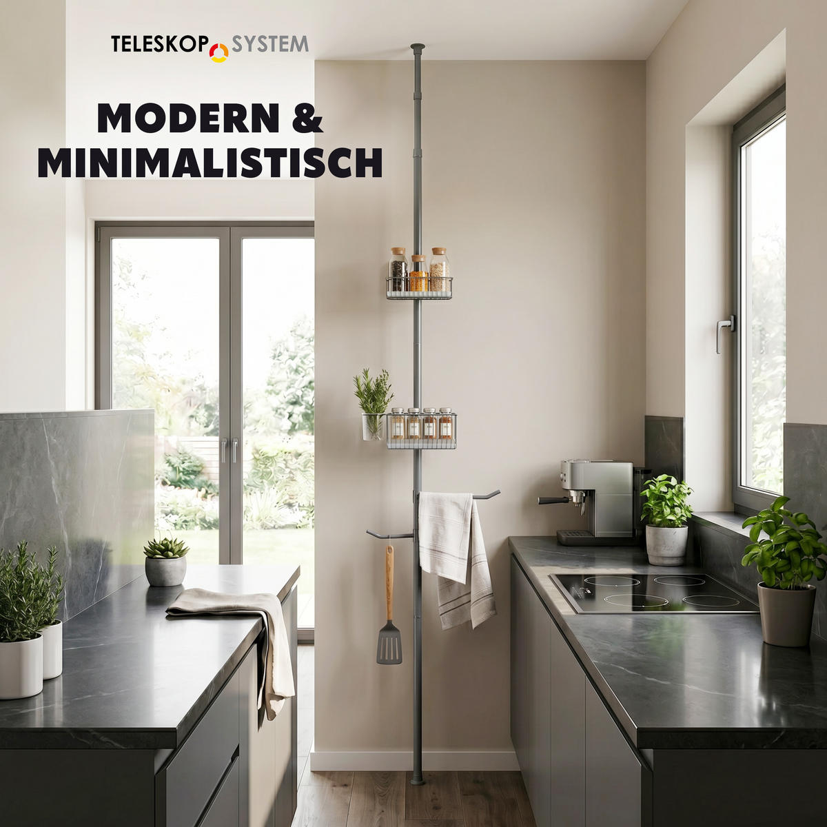 TELESKOP-KÜCHENREGAL, ausziehbar bis max. 290 cm, Metall, grau - Grau, Metall (34.5/290/34.5cm) - bremermann