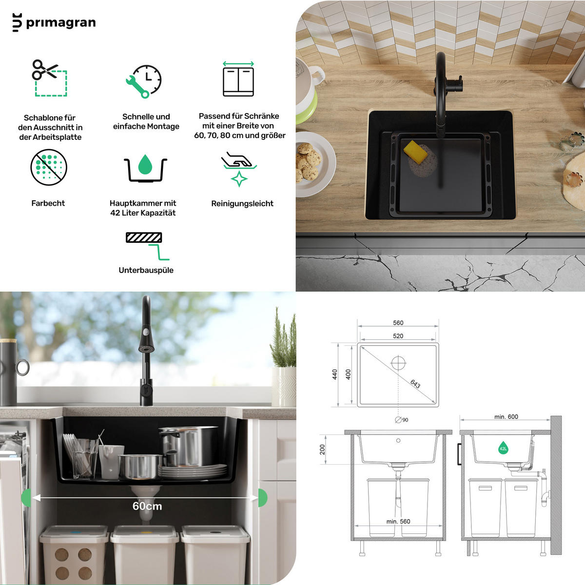 UNTERBAUSPÜLE GRANIT Venedig Easy, 2-er set Schwarz 56/44 cm 1 Becken + Küchenarmatur 32/20 cm + Ablauf-Set ab 60er Unterschrank - Chromfarben/Schwarz, Kunststoff (56/20/44cm) - Primagran