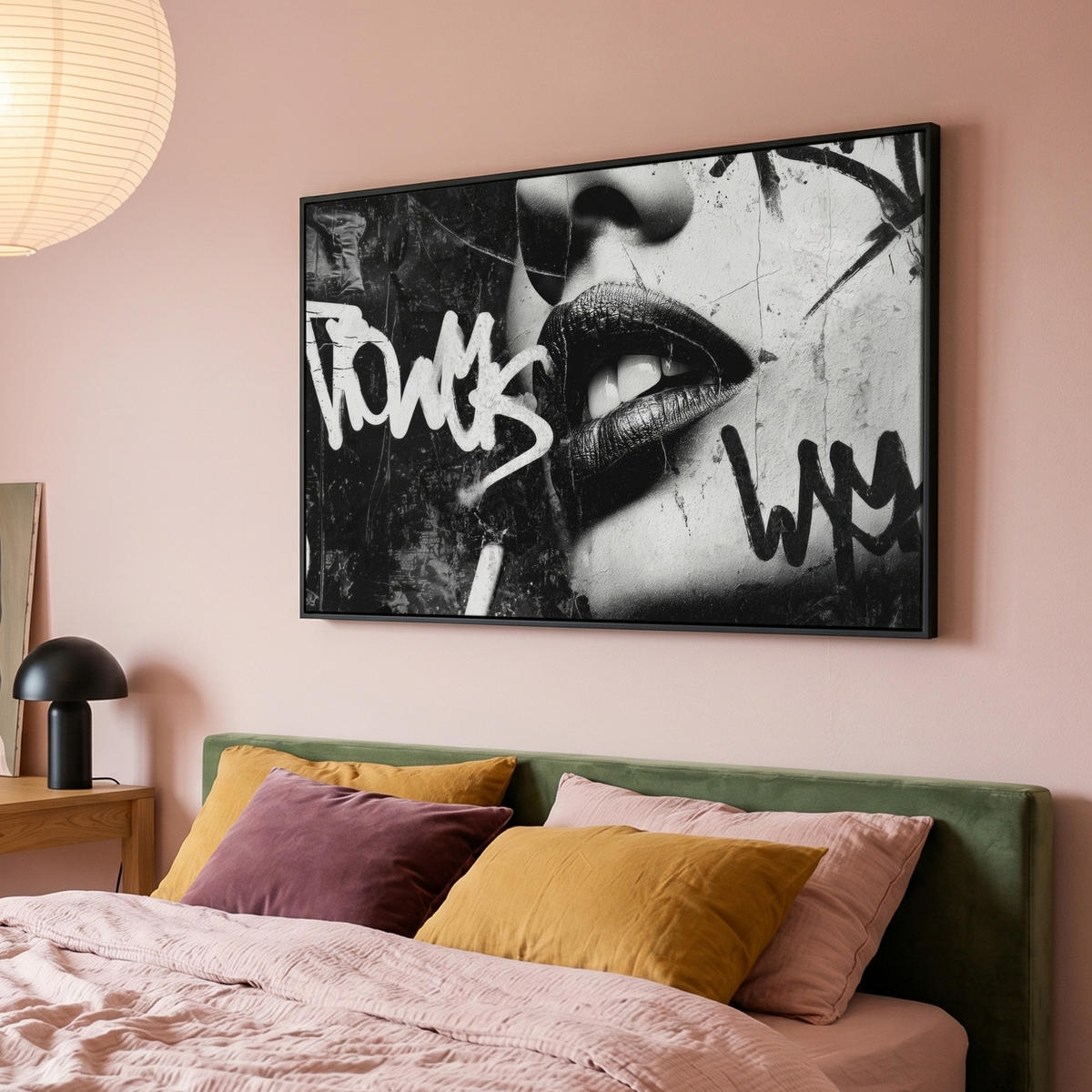 LEINWAND Bilder mit Rahmen - Gesicht - Mund - Graffiti - Schwarz - 140x90 - Schwarz, Textil (140/90cm) - MuchoWow