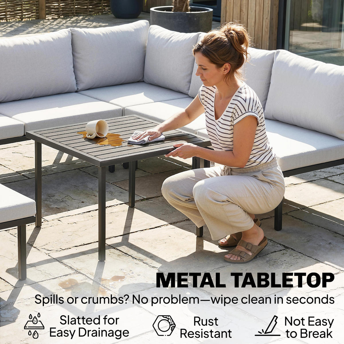 LOUNGE GARTENMÖBEL SET DE-06609, 2 Stühle, Eckstuhl, Lamell-Tisch, Fußhocker - Hellgrau, Textil/Metall - ComfortXL