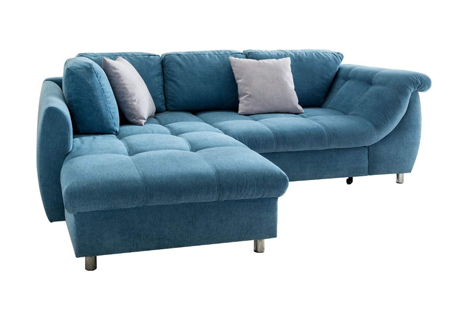 ECKSOFA mit Schlaffunktion, Wellenunterfederung, Ottomane links B250/T190/H84 cm, Liegefl. 179x190 cm, Mikrofaser Blau / 17108 - Blau/Chromfarben, Textil/Metall (250/190cm) - luma-home
