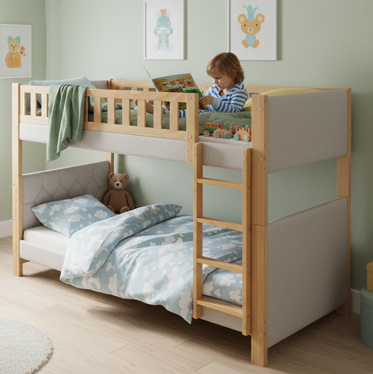 ETAGENBETT 90/200 cm Grau/Natur mit Treppe und weicher Schutzkante - Grau, Holz (90/200cm) - Flora Grace