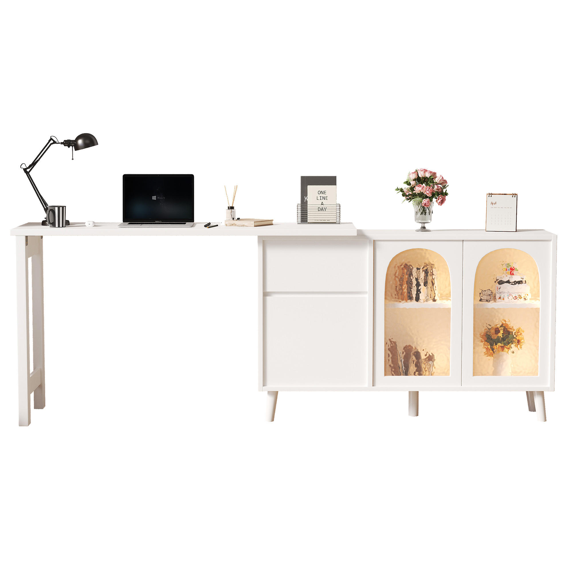 BÜROTISCH Weißer mit Stauraum und Vitrine - Weiß, Glas/Holzwerkstoff (40/120/70cm) - Urban Meuble