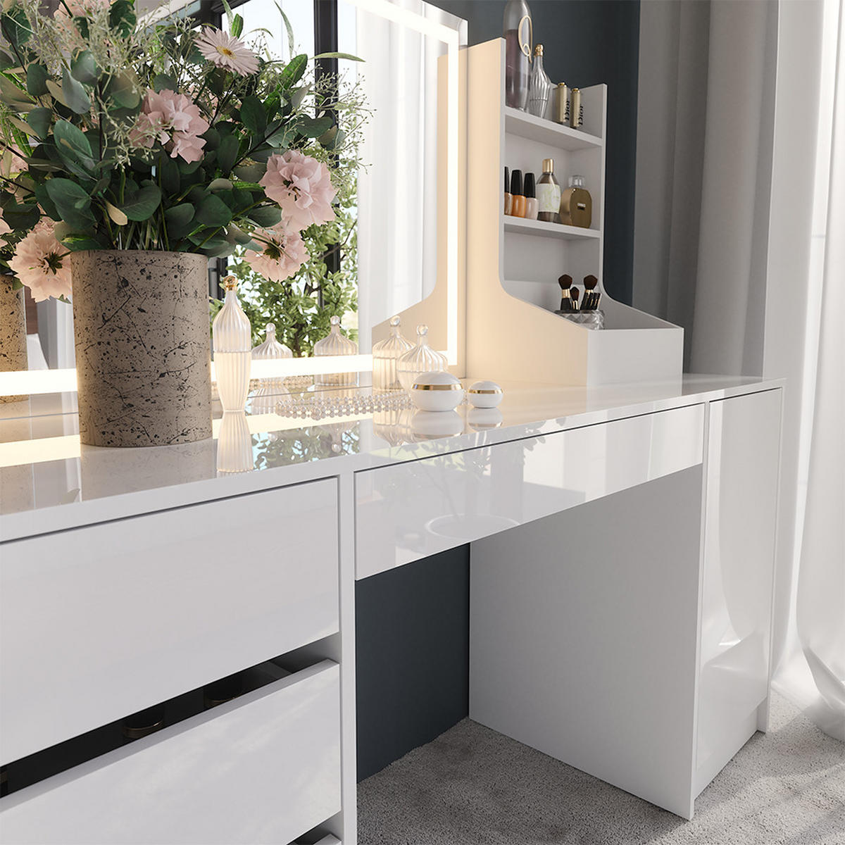 SCHMINKTISCH Sherry Weiß/Weiß Hochglanz 158.2 cm 3 Teile - Weiß Hochglanz, Holzwerkstoff (158.2/76/50.1cm) - Vicco