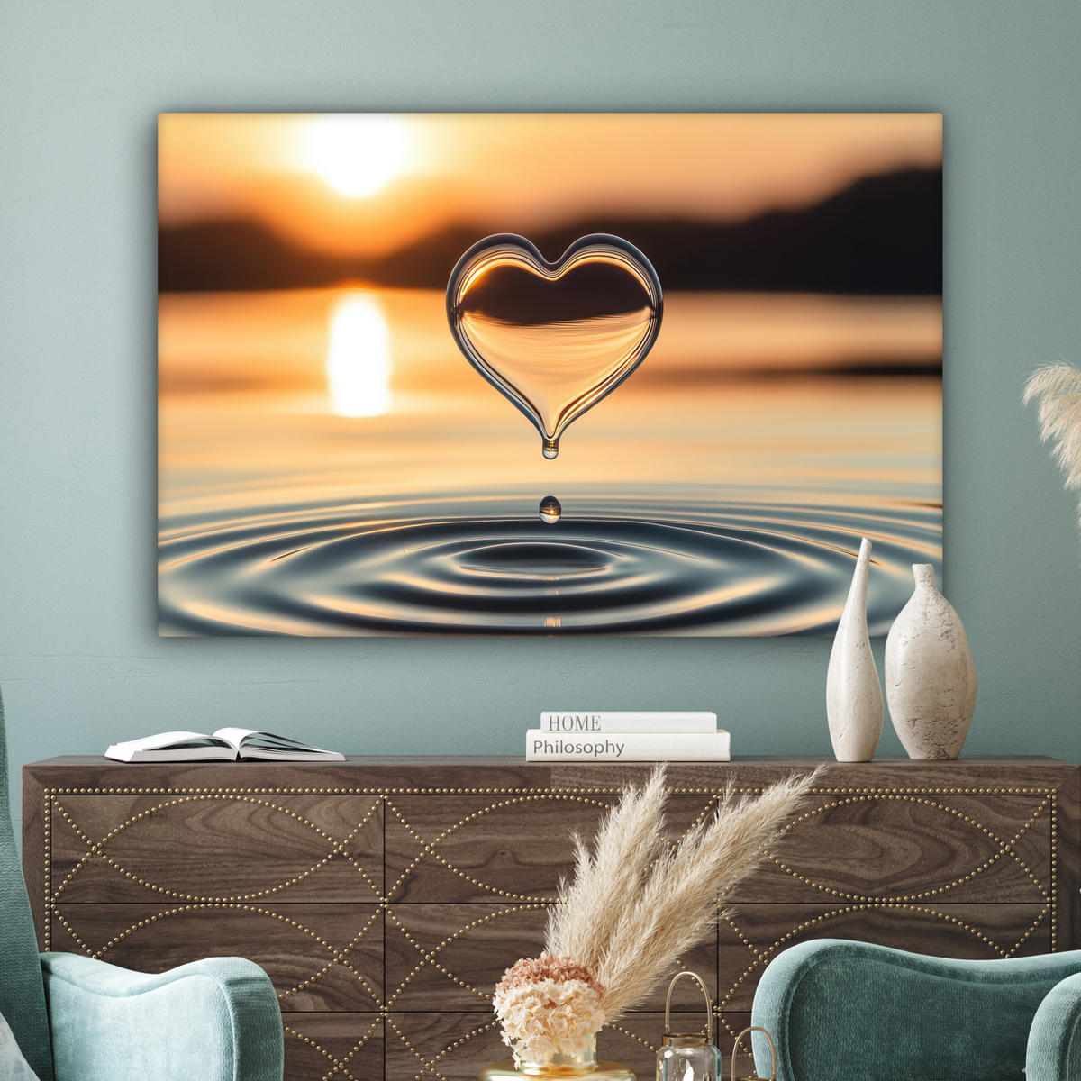 OBRAZ NA PLÁTNE Srdce - Voda - Západ slnka - Príroda - Zen 120x80 cm - jantárová, textil (120/80cm) - MuchoWow