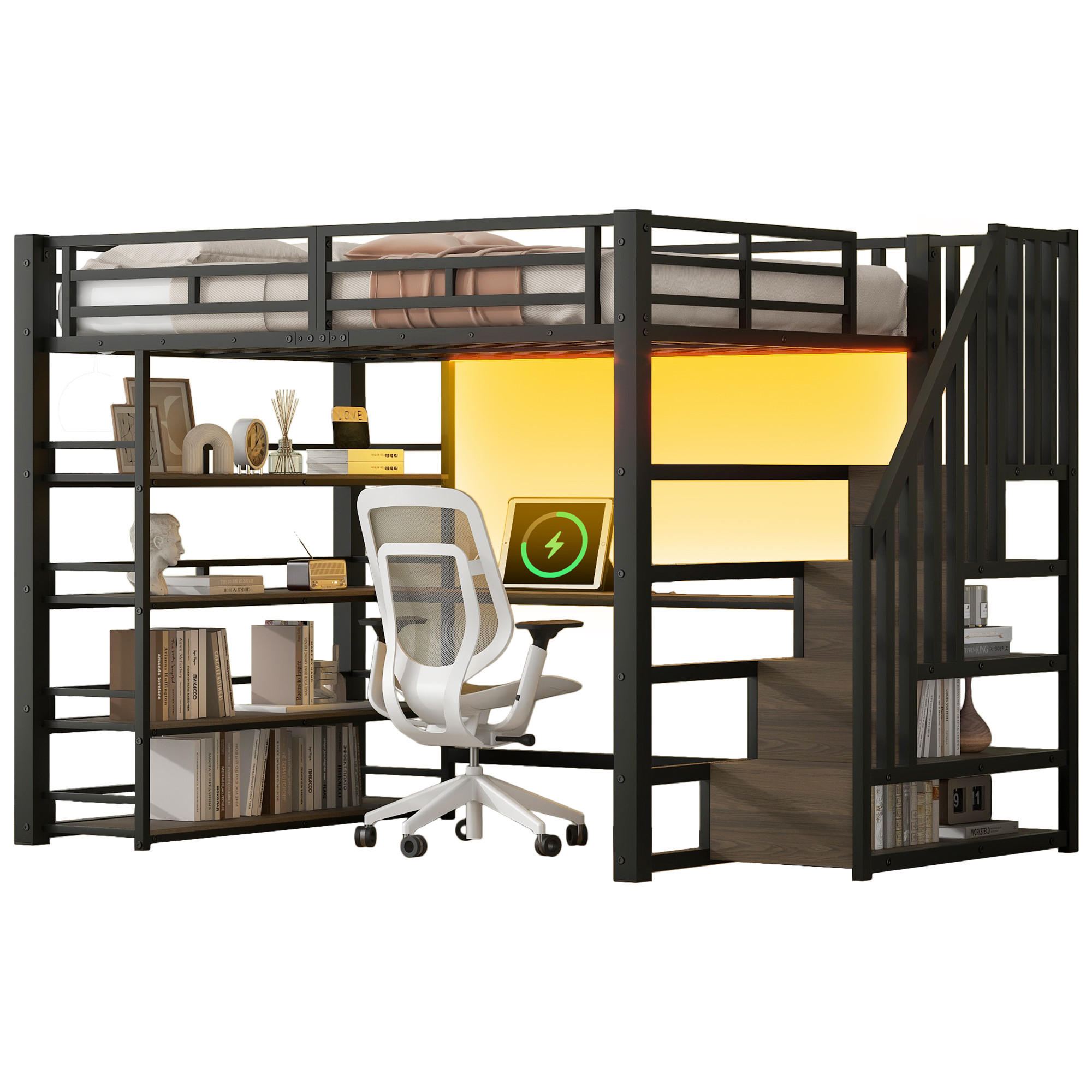 HOCHBETT 140/200 cm in Schwarz mit Treppe, Schreibtisch, Regal, LED und USB - Schwarz, Holzwerkstoff/Metall (140/200cm) - STILVORA
