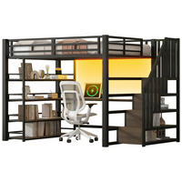 HOCHBETT 140/200 cm in Schwarz mit Treppe, Schreibtisch, Regal, LED und USB - Schwarz, Holzwerkstoff/Metall (140/200cm) - STILVORA