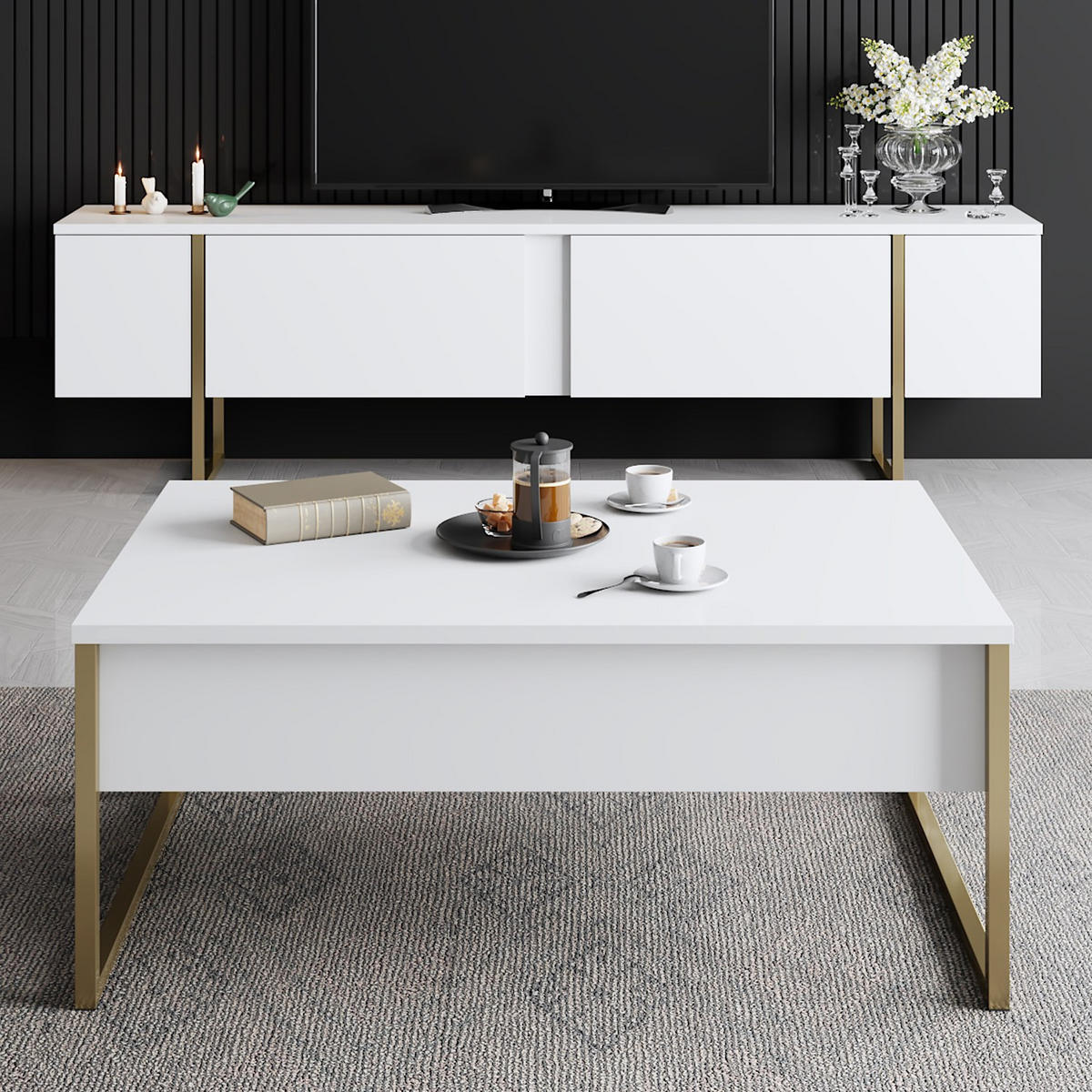 TV-MÖBEL Luxe Weißgold - Weiß, Holz (180/50/30cm) - Habitat Garten