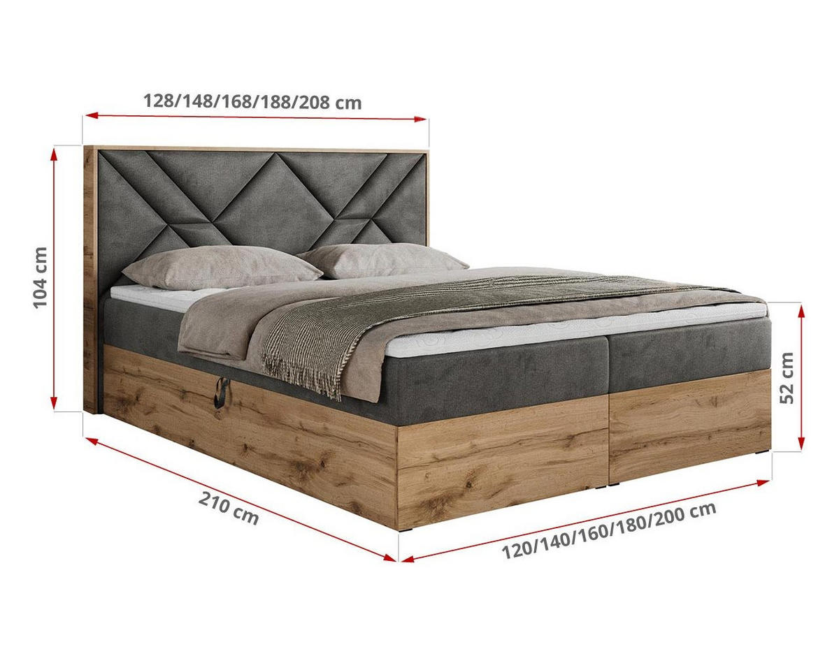BOXBETT GUNAR - 200/200 Dunkelgrau Velvet - H3 - Dunkelgrau, Holz/Textil (200/200cm) - MKS