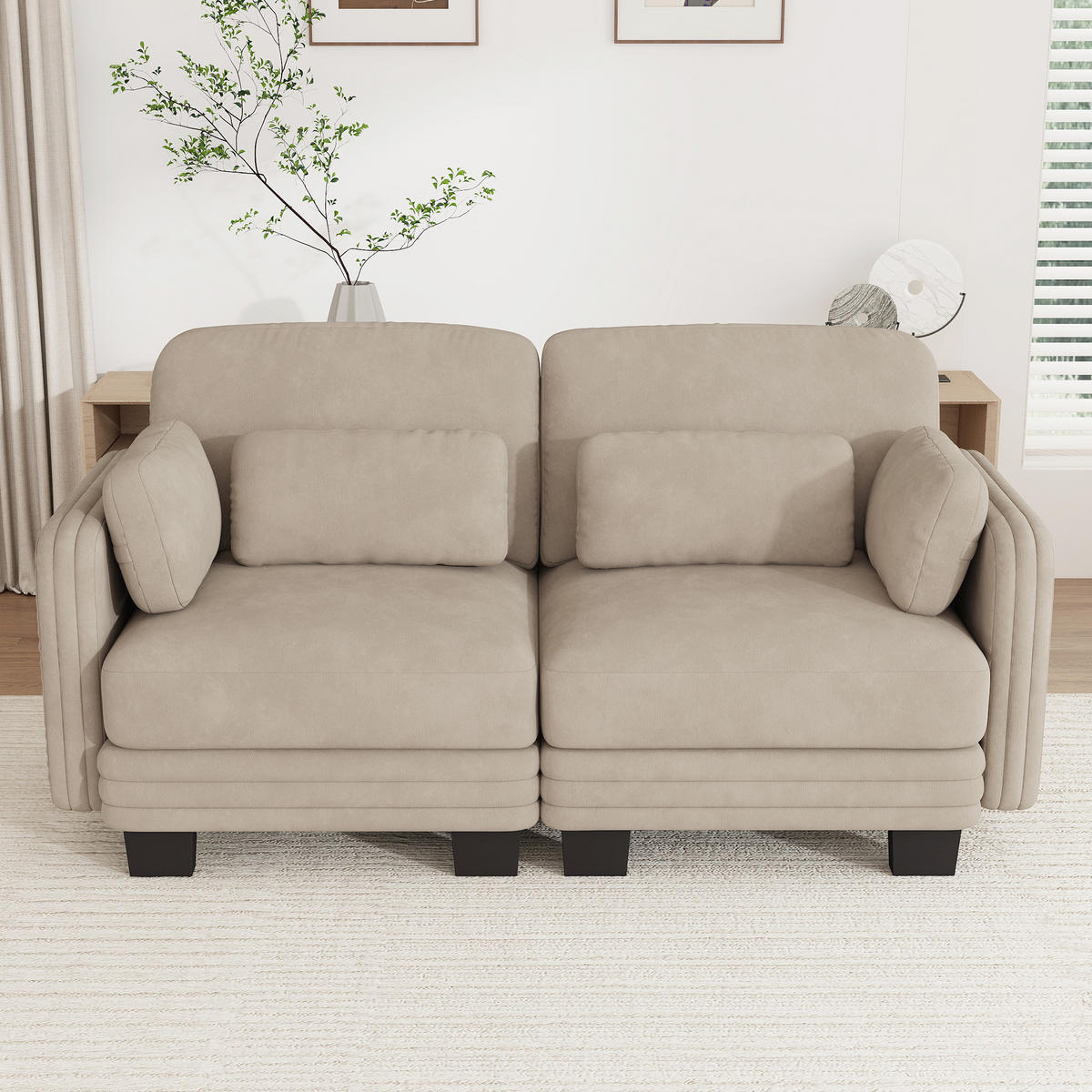 2-SITZER-SOFA Modular Chenille mit Kissen, DE-42686, Hellbraun - Hellbraun, Holz (176/88/88cm) - ComfortXL
