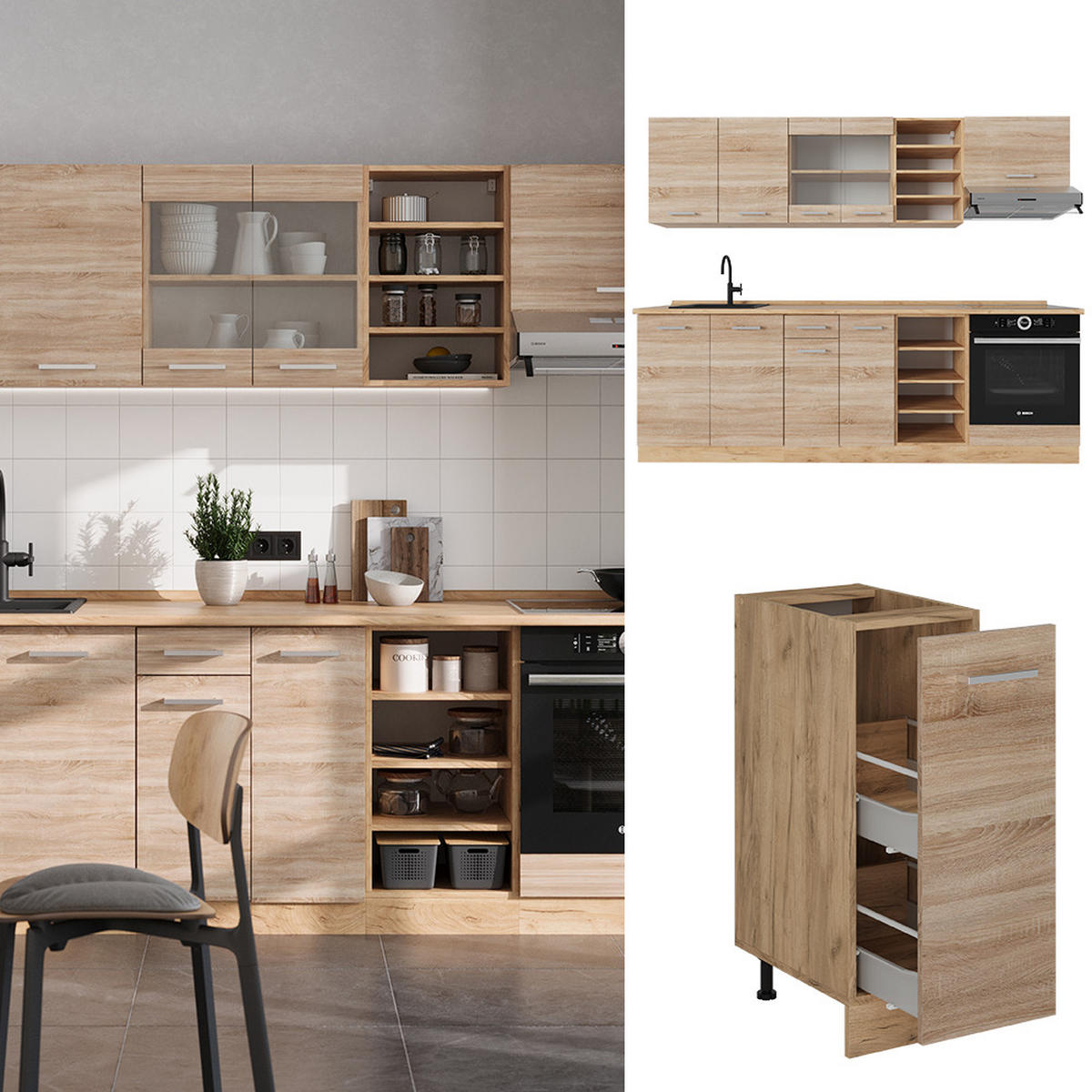 KÜCHENZEILE R-Line Sonoma/Goldkraft Eiche 240 cm ohne Arbeitsplatte - Eiche Wotan/Sonoma Eiche, Holzwerkstoff (240/81.6/46cm) - Vicco