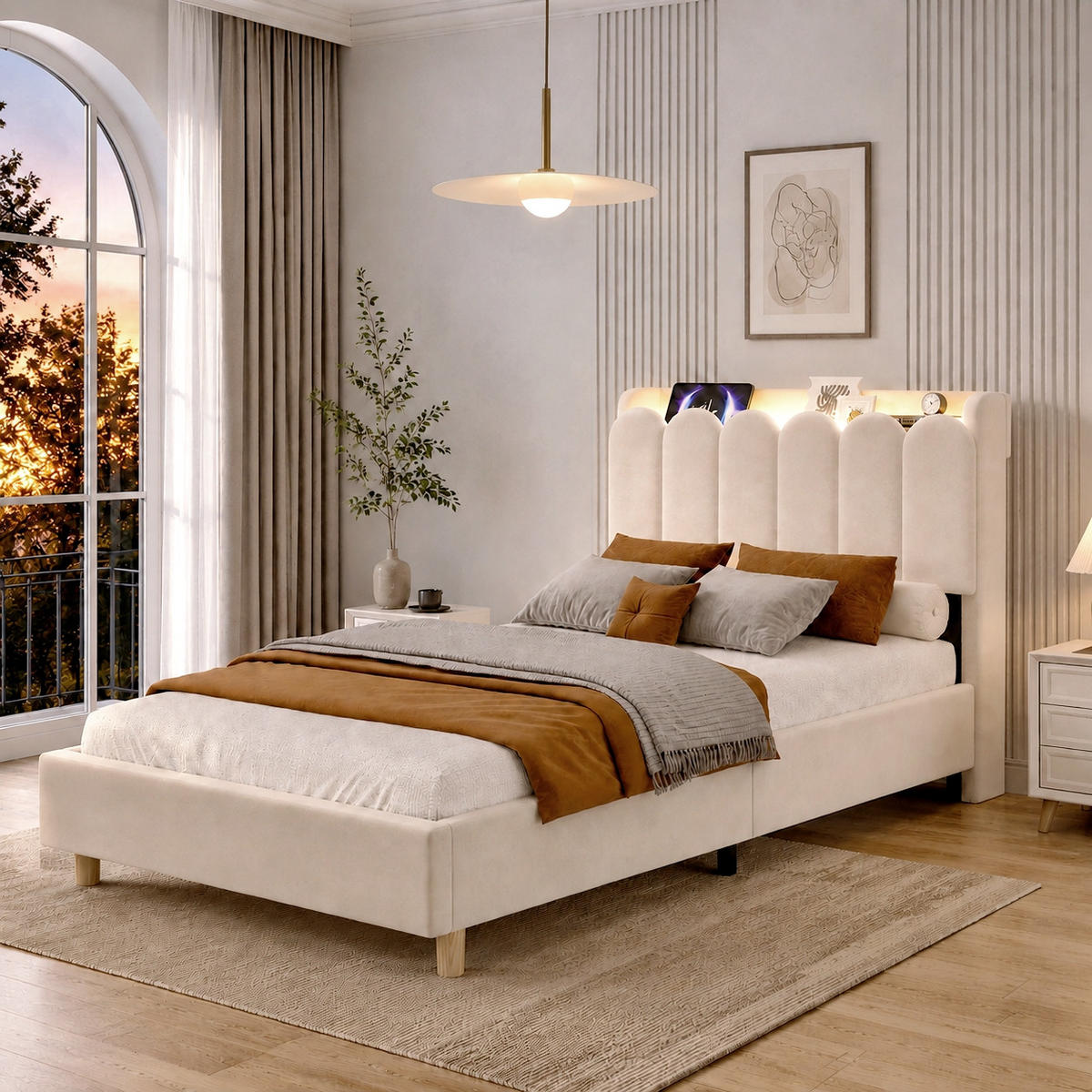 POLSTERBETT 90/200 cm in Beige Samt mit Leselampe, USB und Type-C, gepolstertem Kopfteil und Stauraum - Beige/Naturfarben, Holzwerkstoff/Textil (90/200cm) - STILVORA