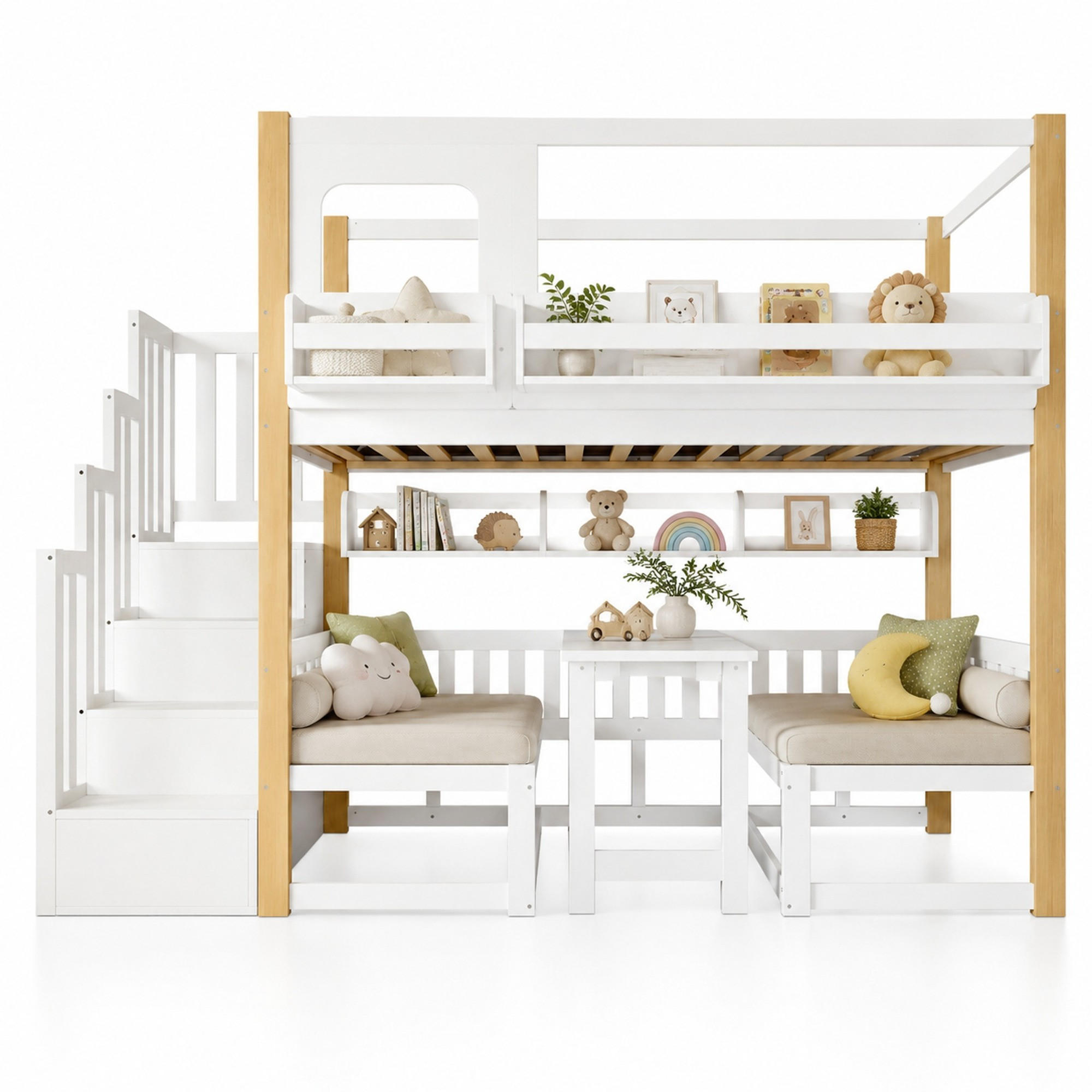 HOCHBETT 90/200 mit Tisch, Bücherregal und Aufbewahrungstreppe in Weiß und Natur - Weiß/Naturfarben, Holzwerkstoff (90/200cm) - EVRYAE