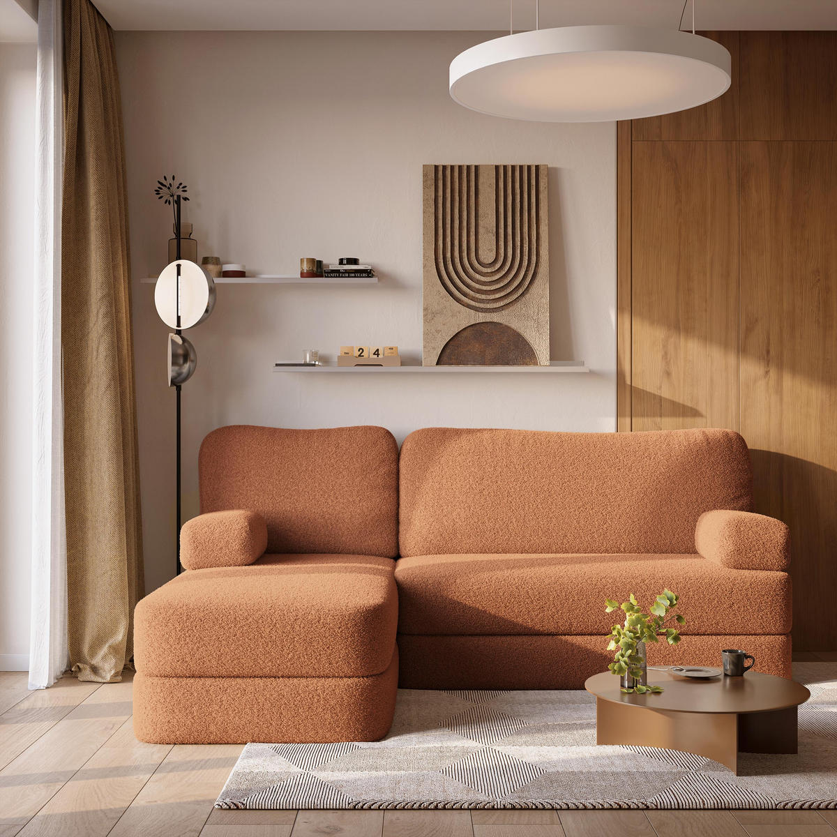 ECKSOFA SABI modulares Boneless Sofa mit Schlaffunktion Orange Boucle-Stoff - Orange, Textil (200/120cm) - MASSENO