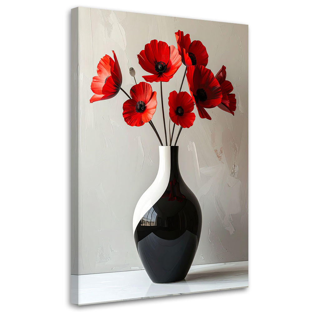 BILD auf Leinwand, Rote Blumen in einer schwarzen Keramikvase - Rot, Textil (20/30cm) - Feeby