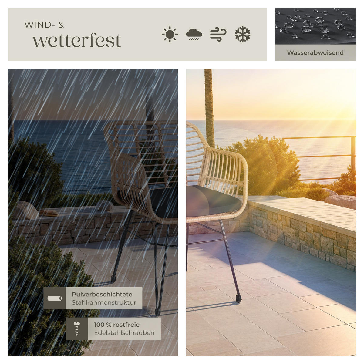 RATTAN SITZGRUPPE Molfetta,filigranes Design,natur - Naturfarben, Kunststoff - tectake