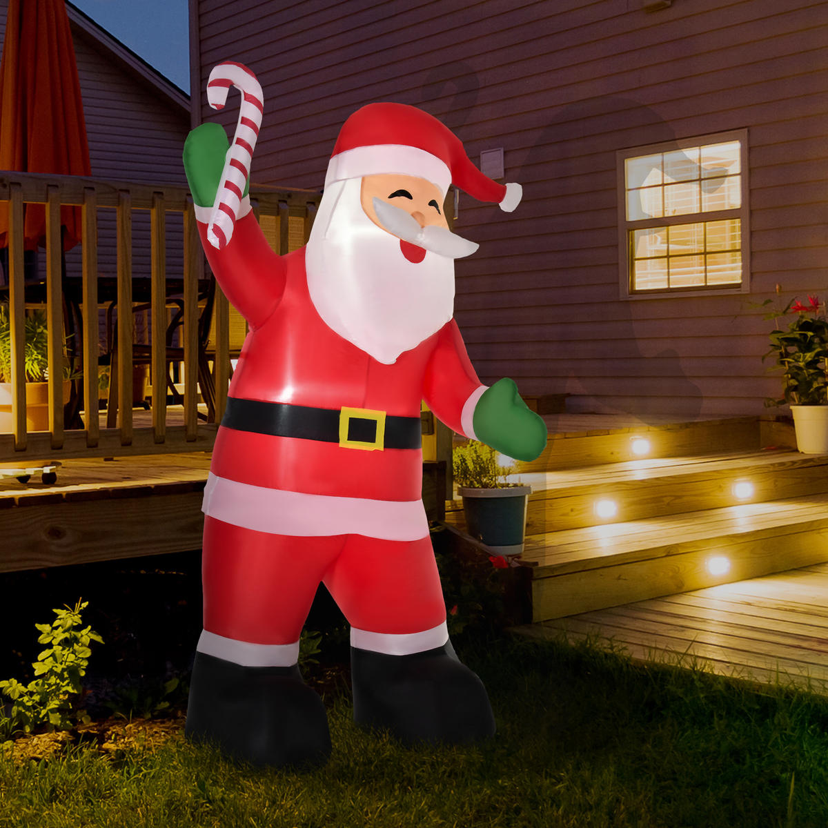 AUFBLASBARER Weihnachtsmann mit Zuckerstange 250 cm Santa Claus Geschenk LED - Multicolor, Kunststoff (85/250/140cm) - HOMCOM
