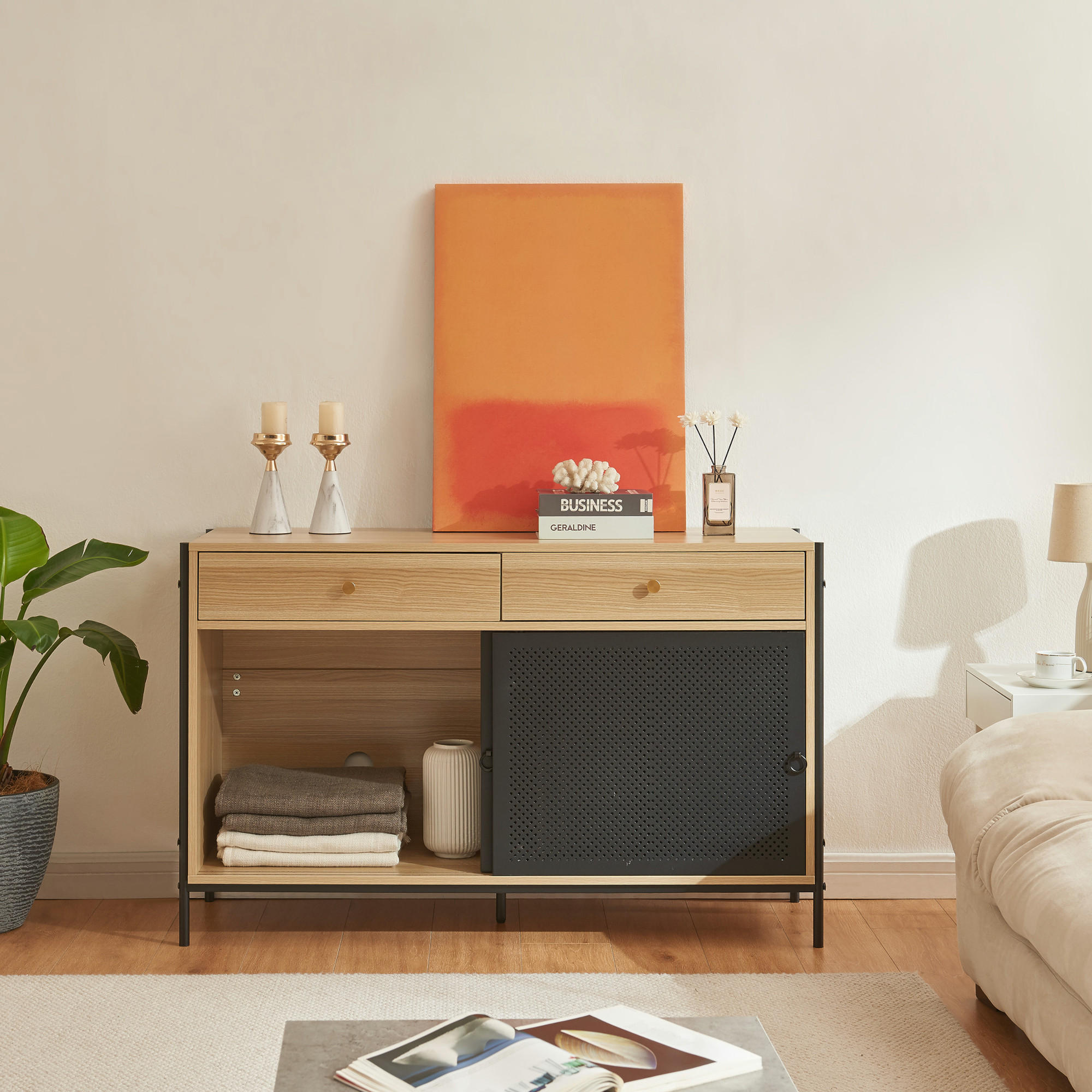 FERNSEHSCHRANK Tysnes - Eichefarben/Schwarz, Holzwerkstoff/Metall (40/75/120cm)