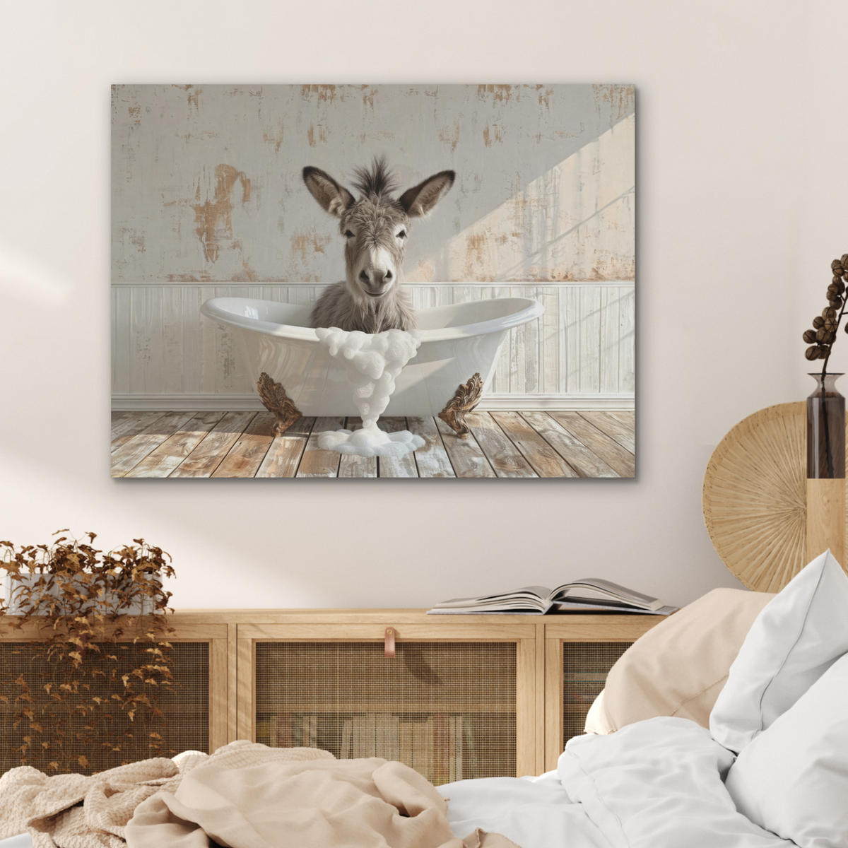 AKUSTIKPANEEL Esel - Tiere - Badewanne - Schaumstoff 80x60 cm - Weiß, Textil (80/0.9/60cm) - MuchoWow