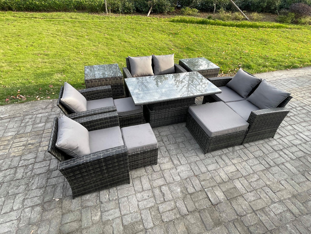 GARTENMÖBEL SET mit höhenverstellbarer Tisch Polyrattan Dunkelgrau 9-Sitzer - Dunkelgrau, Metall - Fimous
